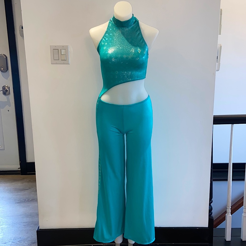 Aqua Holographic Wide leg Cutout Jumpsuit